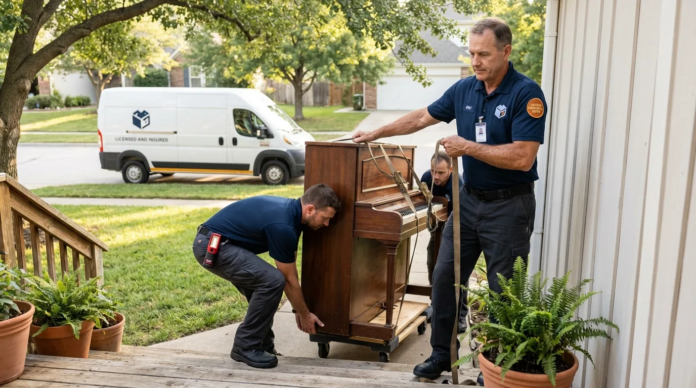 Licensed piano movers securing grand piano in Chehalis, WA