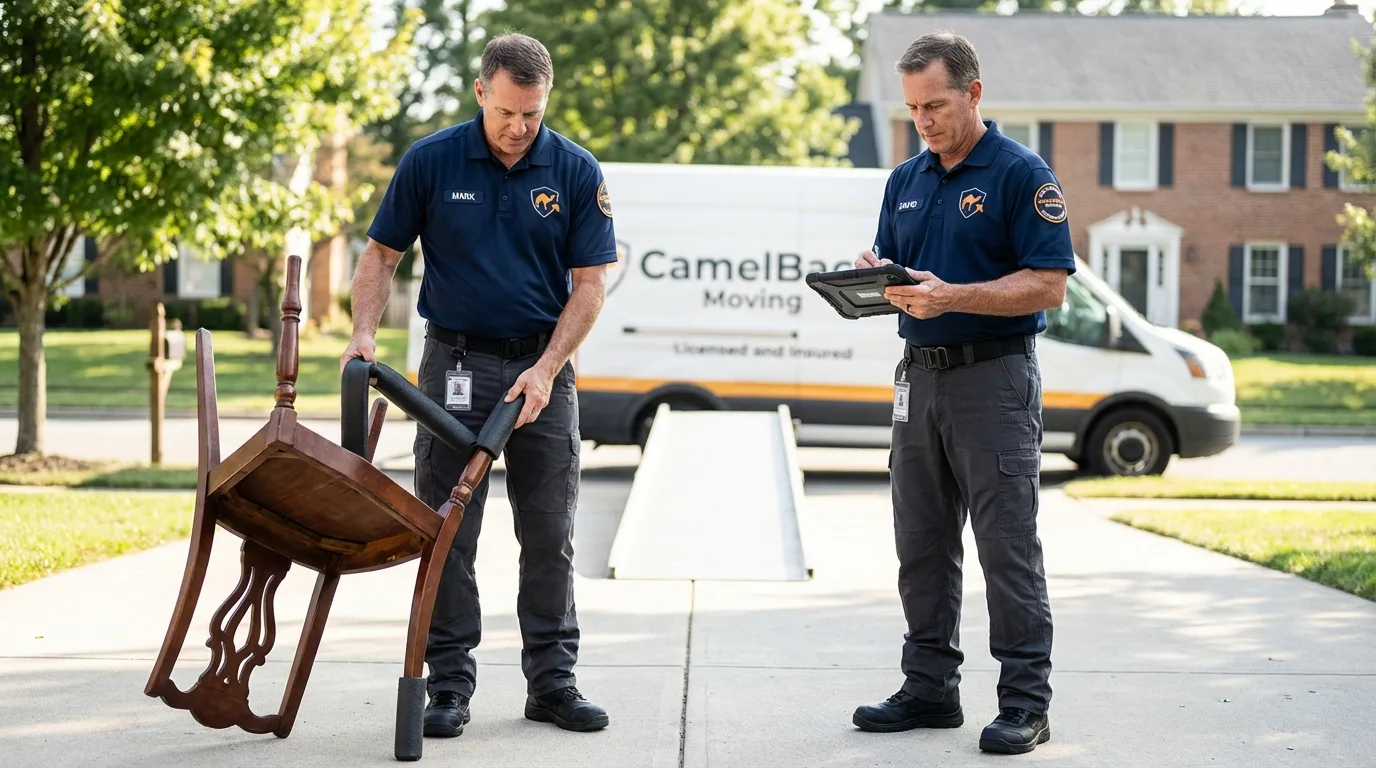 Movers inspecting furniture for damage prevention before loading in Chehalis, WA