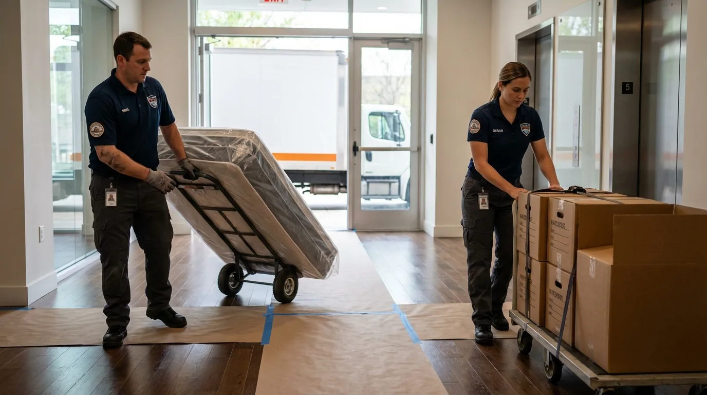 Professional apartment movers loading elevator in Chehalis, WA